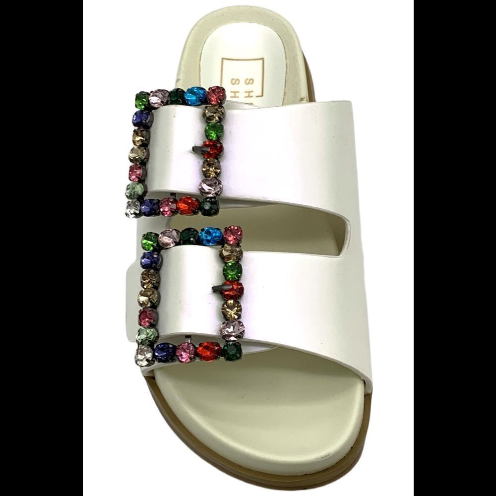 ShuShop White Slide Sandals with Multicolor Jeweled Buckles